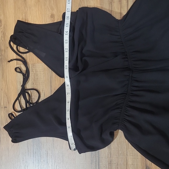 ASTR The Label - Black Sheer Overlay V-Neck Sleeveless Ruffle Embellished Romper - Picture 11 of 16